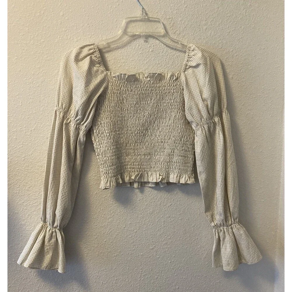 Superdown Womens Blouse Size XS Smocked Puff Sleeve Cropped Gingham Babydoll Top - Picture 4 of 11